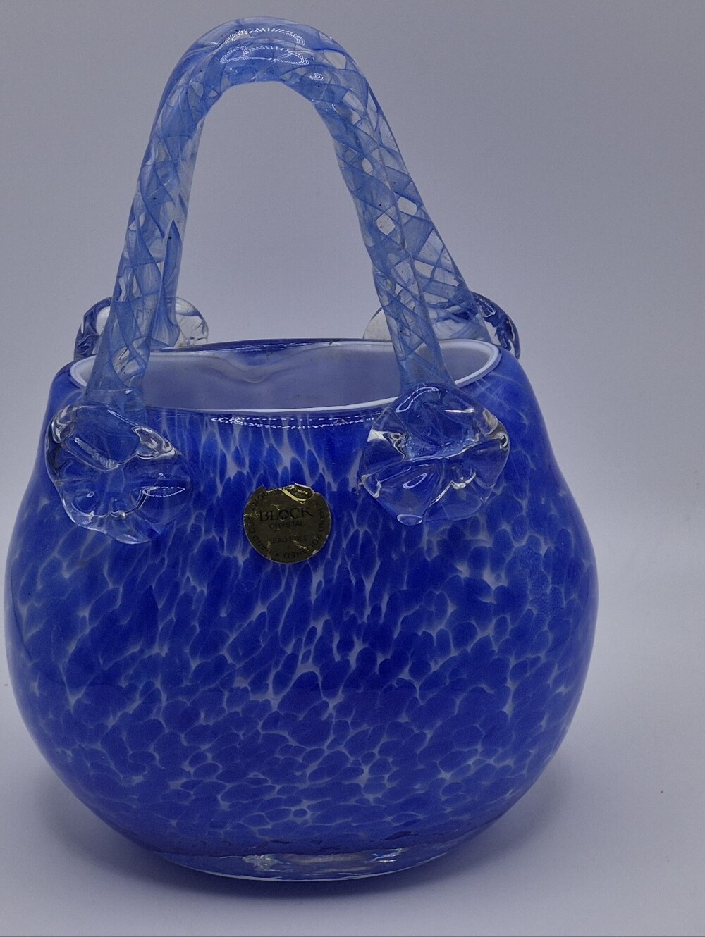 Blue Block Glass-Effect Women's Handbag Vase.  Murano-like Art Glass Blue Purse